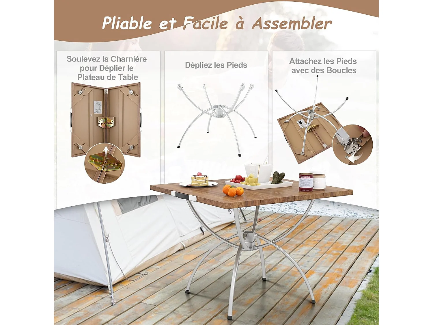 Lot de 2 Tables de Camping Pliantes avec Cadre en Aluminium, Table de Pique-Nique Extensible Portable avec Plateau à Imitation Bois Sac de Transpor, 61x61x46,5cm
