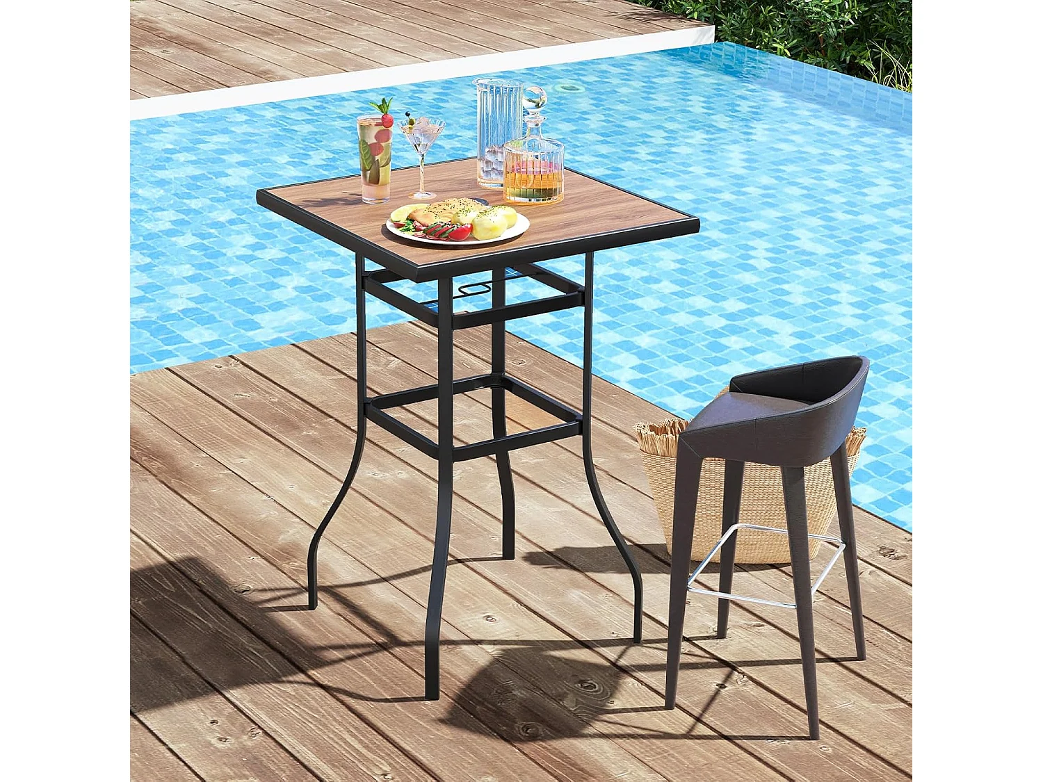 Table de Bar Carrée de Patio 70 cm, Table de Jardin avec Cadre en Métal Robuste et Trou de Parasol de 39 mm, Table Bistrot d'Extérieur