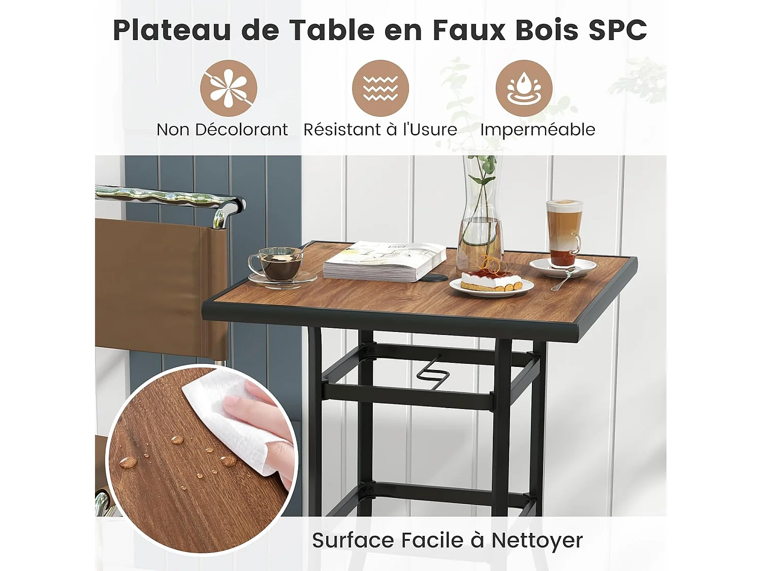 Table de Bar Carrée de Patio 70 cm, Table de Jardin avec Cadre en Métal Robuste et Trou de Parasol de 39 mm, Table Bistrot d'Extérieur