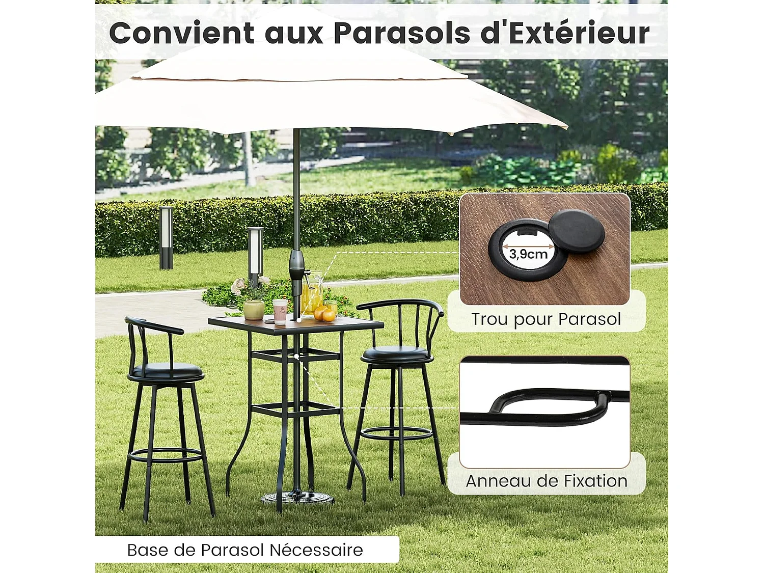 Table de Bar Carrée de Patio 70 cm, Table de Jardin avec Cadre en Métal Robuste et Trou de Parasol de 39 mm, Table Bistrot d'Extérieur