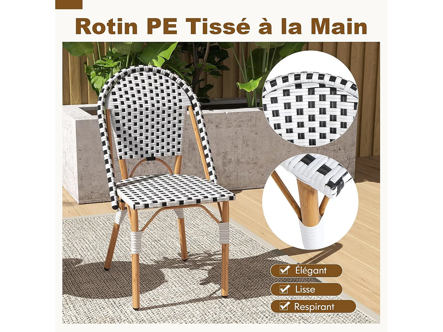 Chaise Exterieur Lot de 2, Fauteuil de Jardin en Rotin, Design Cannage, Cadre en Métal, Chaise de Jardin sans Accoudoirs, Motif à Carreaux