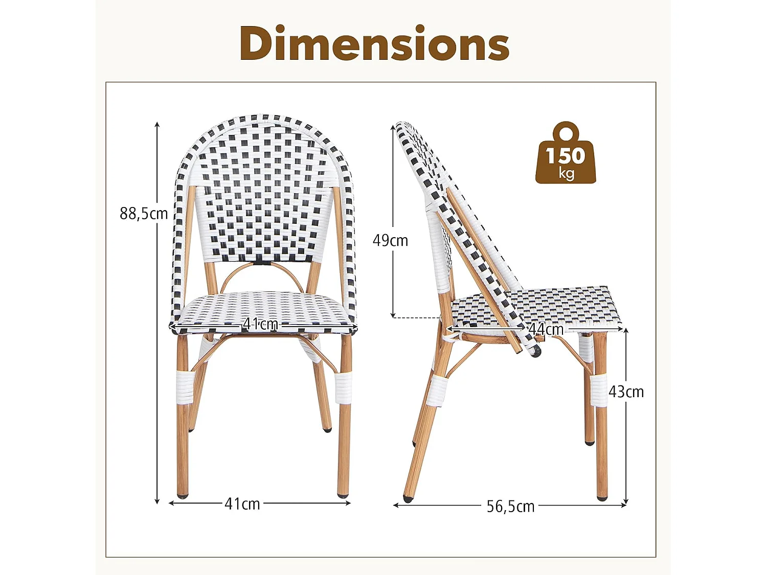 Chaise Exterieur Lot de 2, Fauteuil de Jardin en Rotin, Design Cannage, Cadre en Métal, Chaise de Jardin sans Accoudoirs, Motif à Carreaux