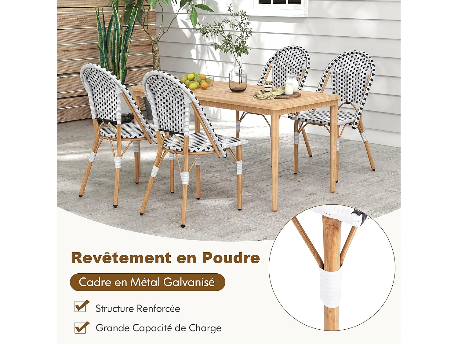 Chaise Exterieur Lot de 2, Fauteuil de Jardin en Rotin, Design Cannage, Cadre en Métal, Chaise de Jardin sans Accoudoirs, Motif à Carreaux