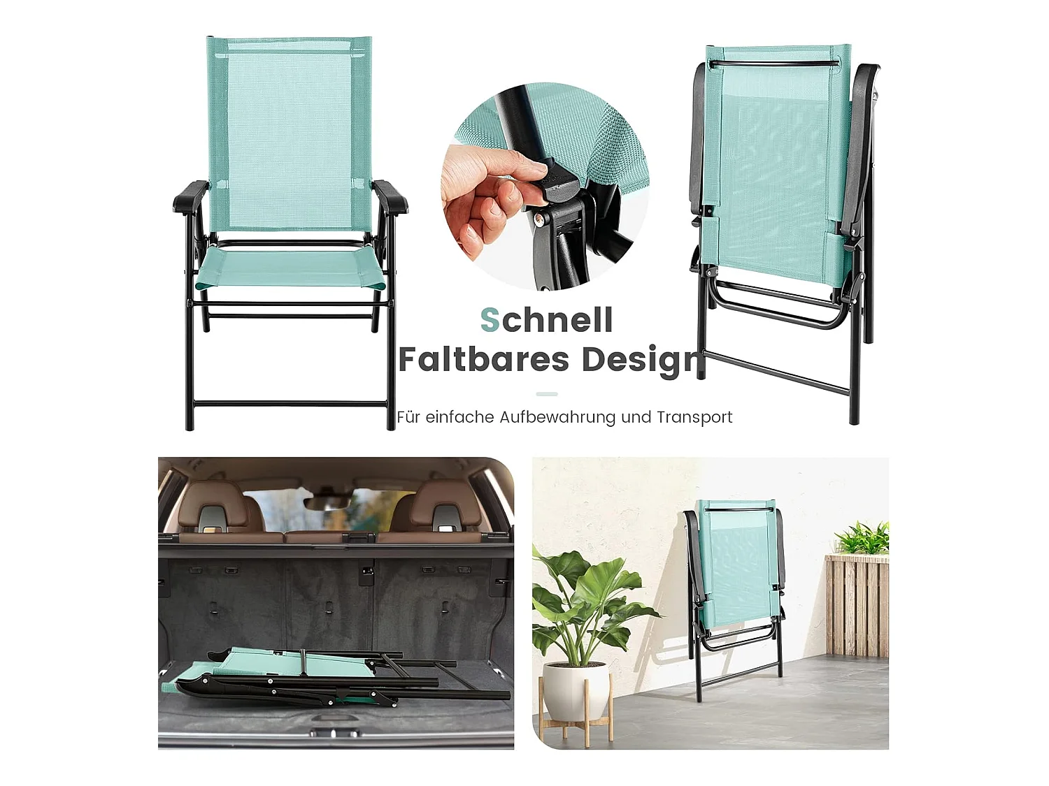 Lot de 4 Chaises de Jardin Pliables en Textilène Respirant Chaises de Camping avec Verrou de sécurité et Dossier Haut Vert