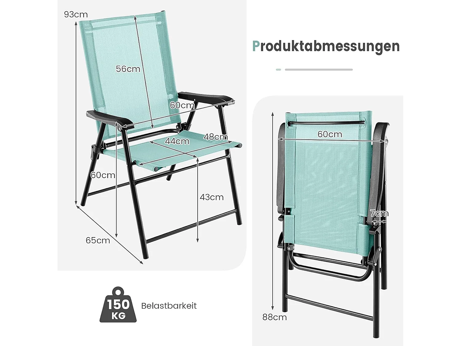 Lot de 4 Chaises de Jardin Pliables en Textilène Respirant Chaises de Camping avec Verrou de sécurité et Dossier Haut Vert