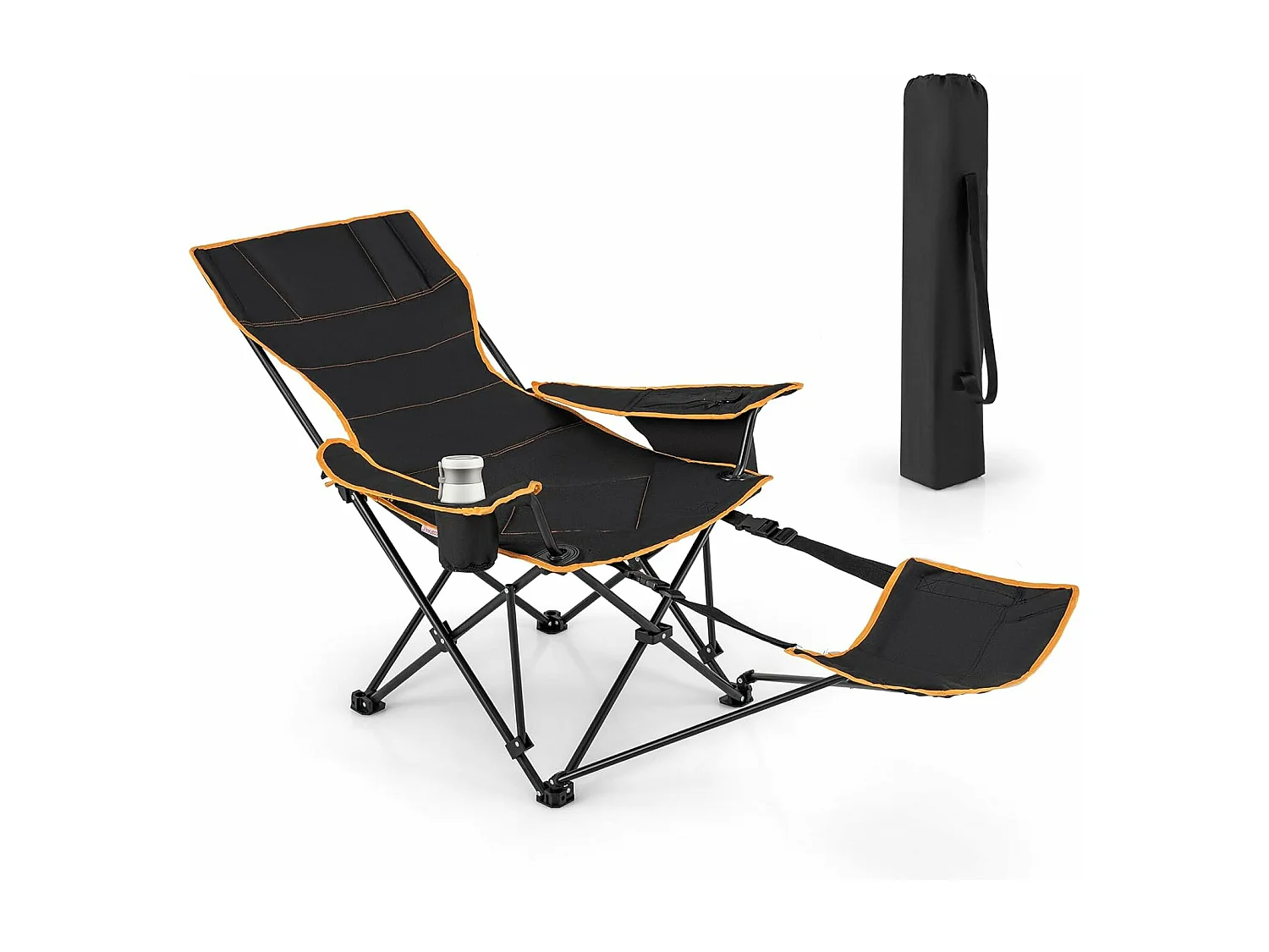 Chaise de Camping Pliante avec Repose-Pieds, Chaise de Pêche avec Dossier Réglable sur 2 Positions,  avec Sac Isotherme et Porte-Gobelet, Charge 150 KG, Noir