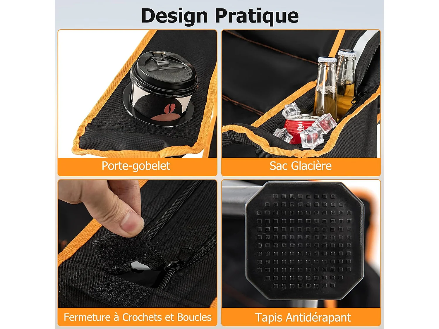 Chaise de Camping Pliante avec Repose-Pieds, Chaise de Pêche avec Dossier Réglable sur 2 Positions,  avec Sac Isotherme et Porte-Gobelet, Charge 150 KG, Noir