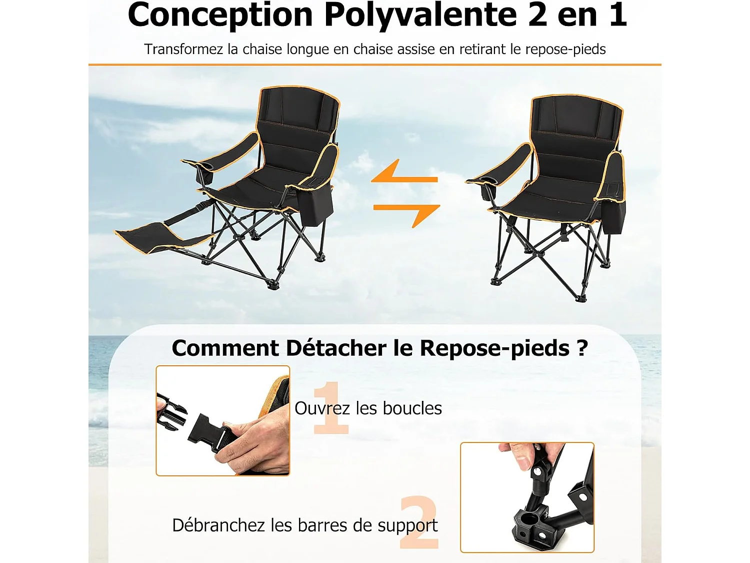 Chaise de Camping Pliante avec Repose-Pieds, Chaise de Pêche avec Dossier Réglable sur 2 Positions,  avec Sac Isotherme et Porte-Gobelet, Charge 150 KG, Noir
