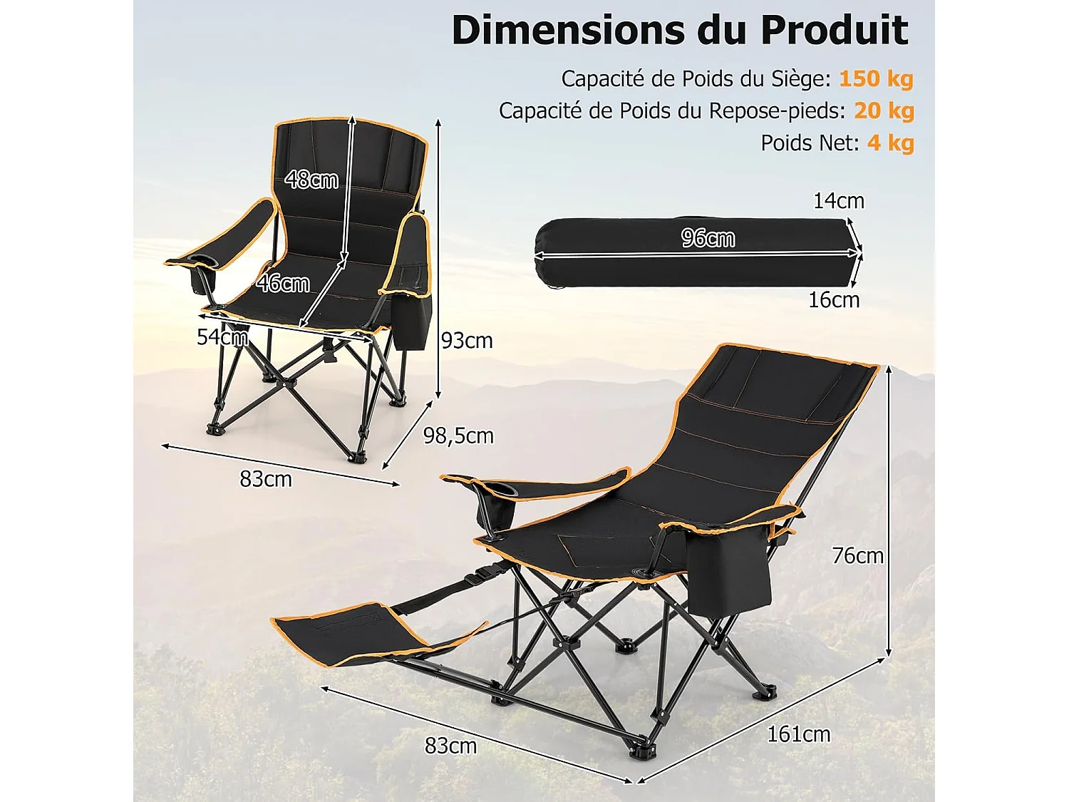 Chaise de Camping Pliante avec Repose-Pieds, Chaise de Pêche avec Dossier Réglable sur 2 Positions,  avec Sac Isotherme et Porte-Gobelet, Charge 150 KG, Noir