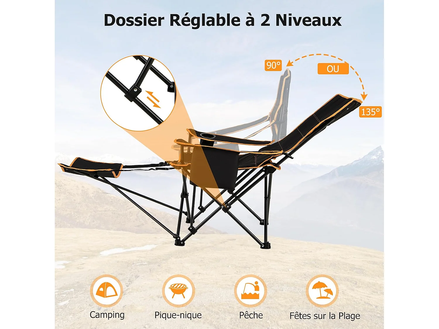 Chaise de Camping Pliante avec Repose-Pieds, Chaise de Pêche avec Dossier Réglable sur 2 Positions,  avec Sac Isotherme et Porte-Gobelet, Charge 150 KG, Noir