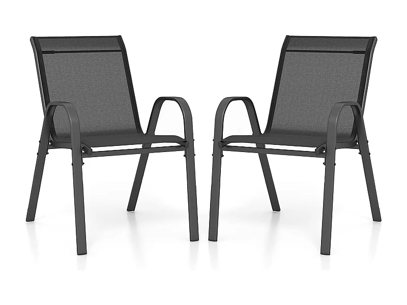 Lot de 2 Chaises de Jardin avec Cadre en Métal, Chaise de Salle à Manger Empilable en Tissu Respirant, Fauteuil d'Extérieur Charge 150 KG (Noir,2)