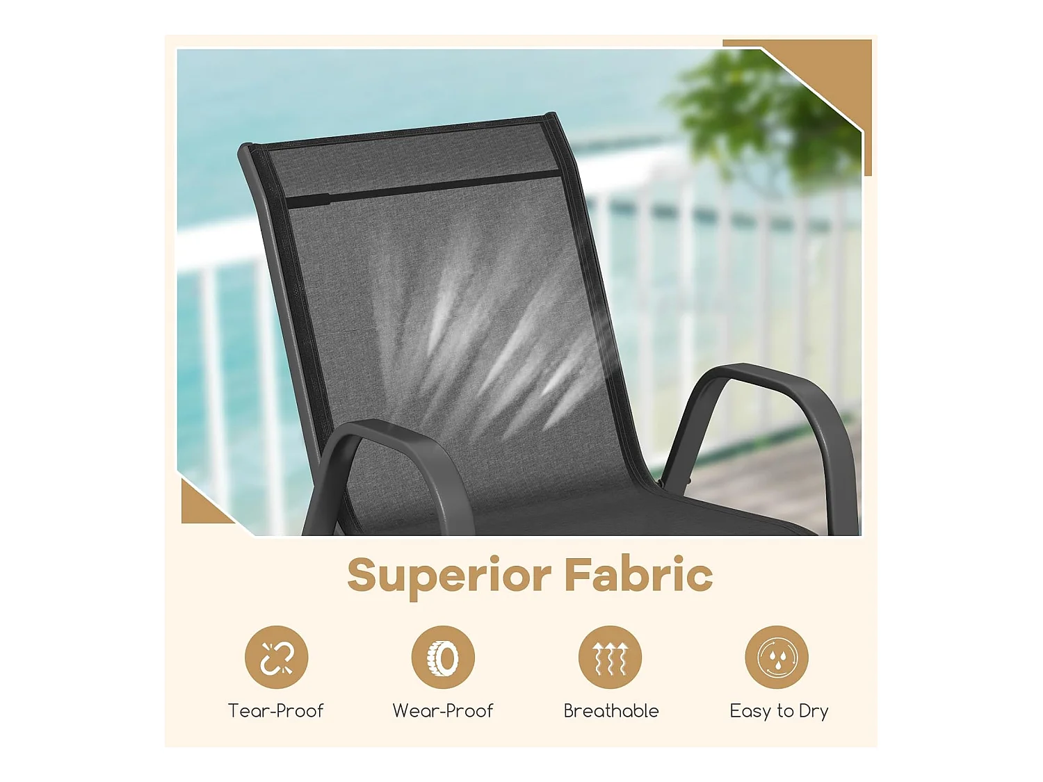 Lot de 2 Chaises de Jardin avec Cadre en Métal, Chaise de Salle à Manger Empilable en Tissu Respirant, Fauteuil d'Extérieur Charge 150 KG (Noir,2)