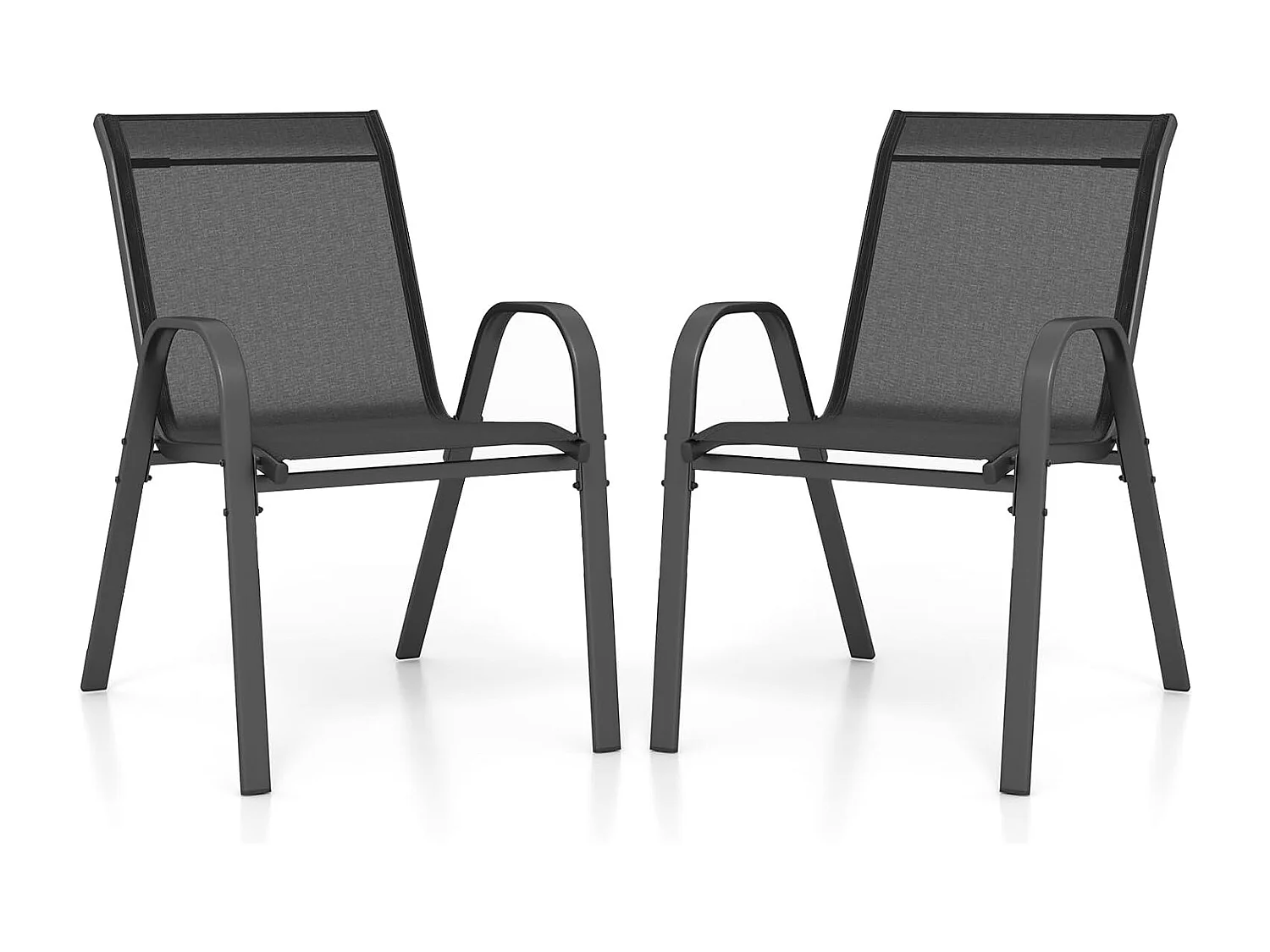 Lot de 2 Chaises de Jardin avec Cadre en Métal, Chaise de Salle à Manger Empilable en Tissu Respirant, Fauteuil d'Extérieur Charge 150 KG (Noir,2)