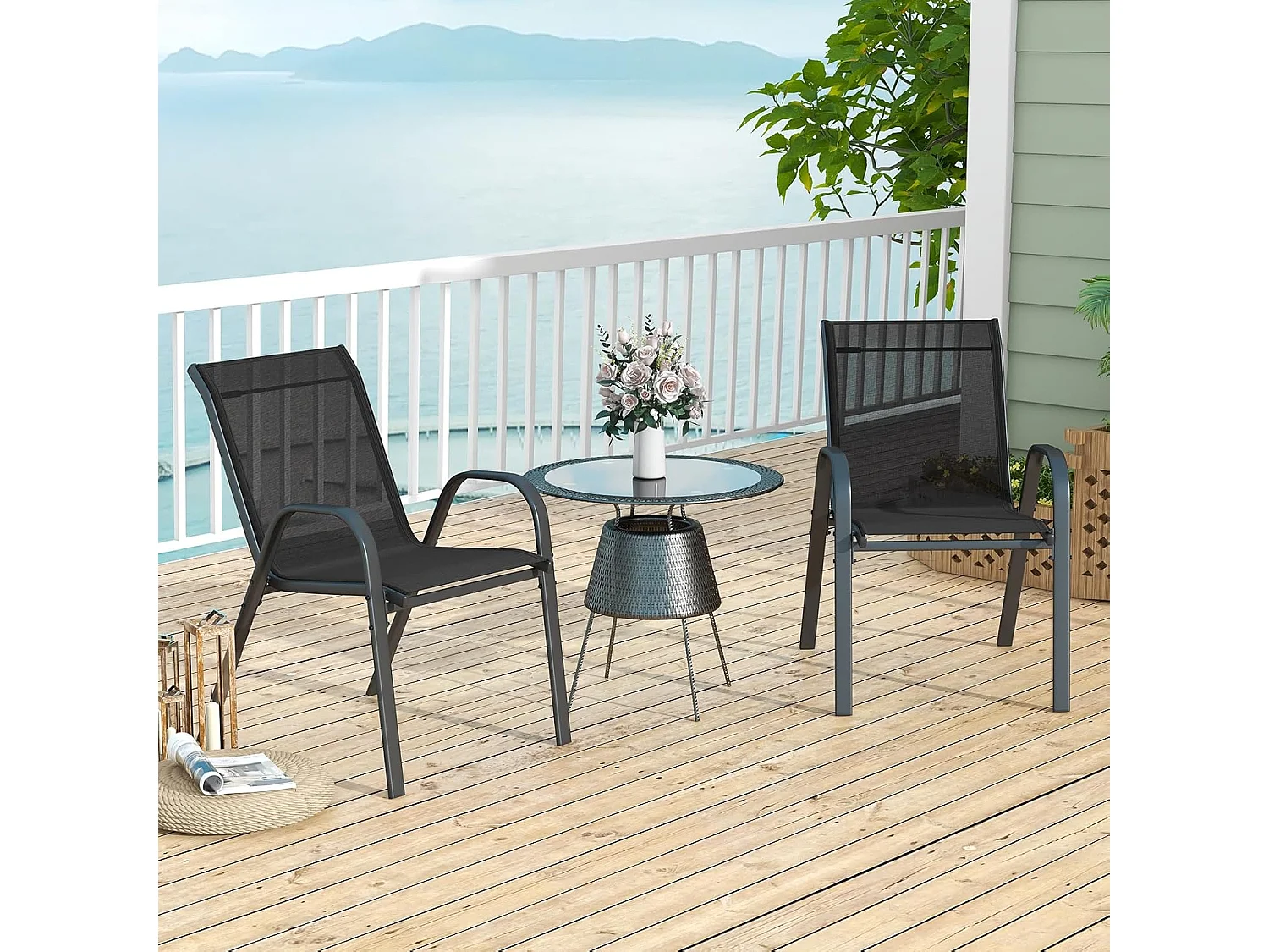 Lot de 2 Chaises de Jardin avec Cadre en Métal, Chaise de Salle à Manger Empilable en Tissu Respirant, Fauteuil d'Extérieur Charge 150 KG (Noir,2)