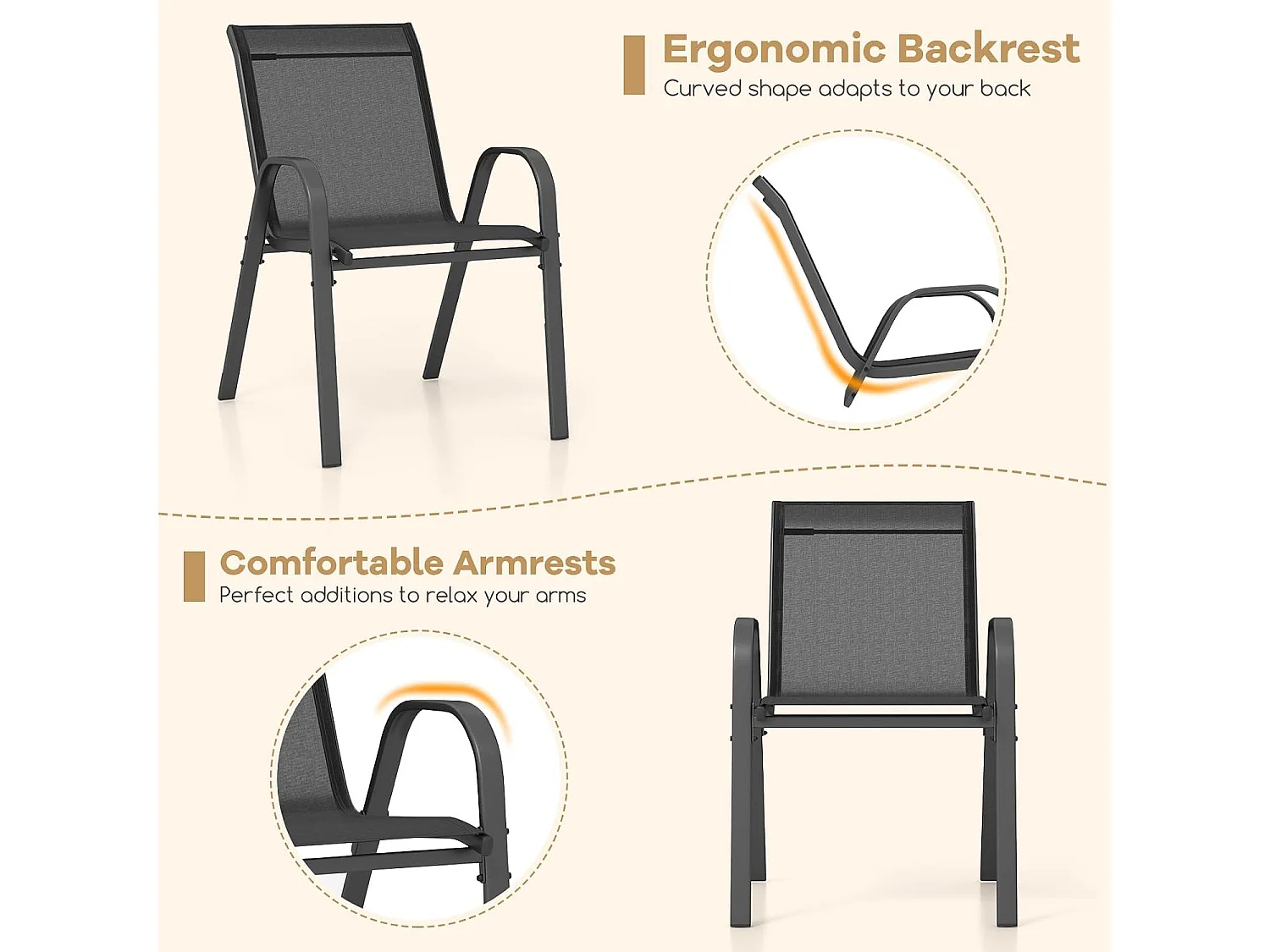 Lot de 2 Chaises de Jardin avec Cadre en Métal, Chaise de Salle à Manger Empilable en Tissu Respirant, Fauteuil d'Extérieur Charge 150 KG (Noir,2)