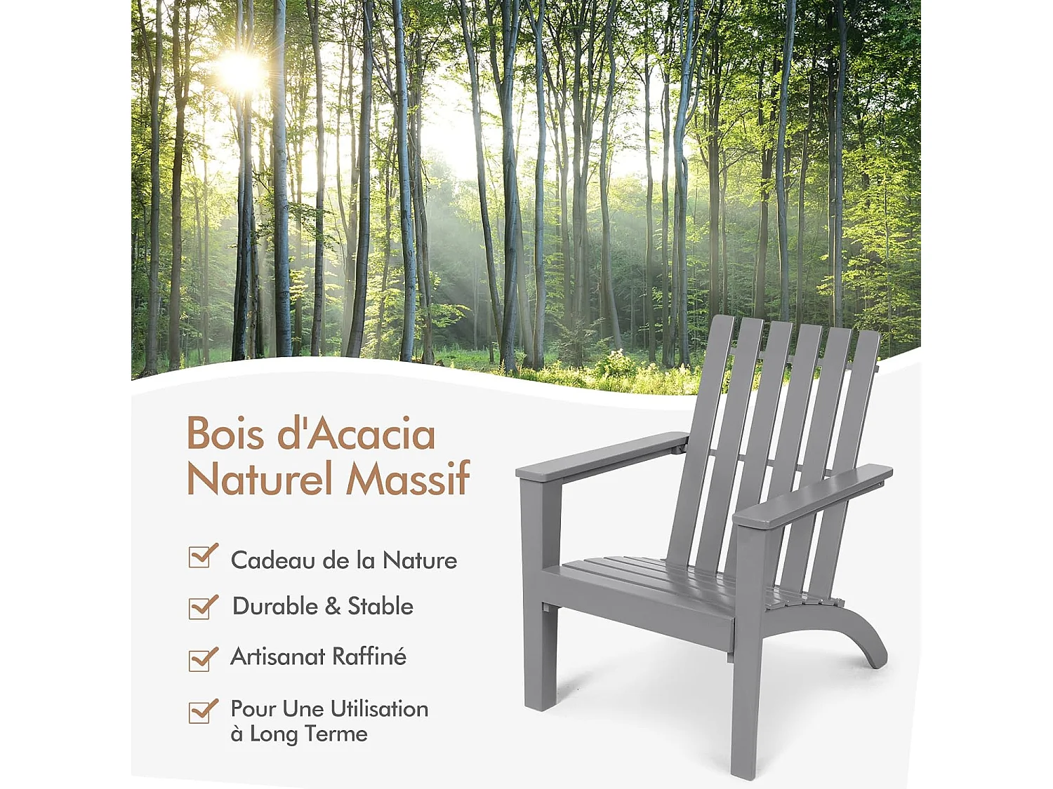 Chaise Adirondack en Bois d'Acacia, Fauteuil Adirondack Classique avec Accoudoir Ergonomique, Convient pour Balcon, Piscine, Cour, Terrasse, Jardin (Gris)
