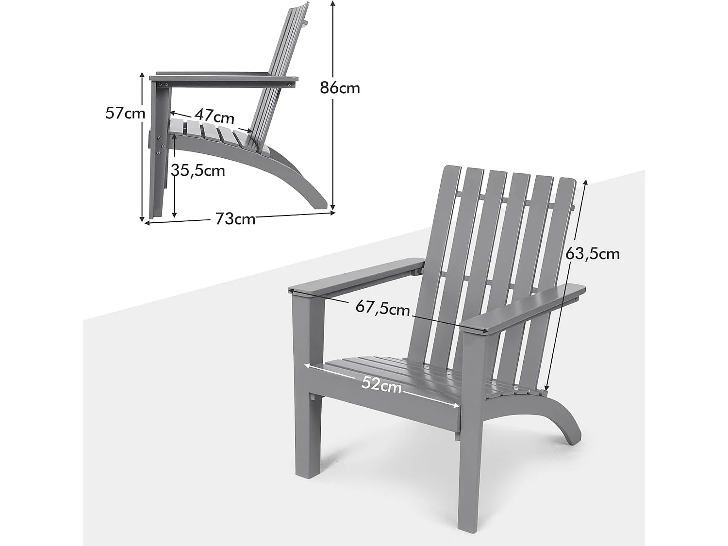 Chaise Adirondack en Bois d'Acacia, Fauteuil Adirondack Classique avec Accoudoir Ergonomique, Convient pour Balcon, Piscine, Cour, Terrasse, Jardin (Gris)