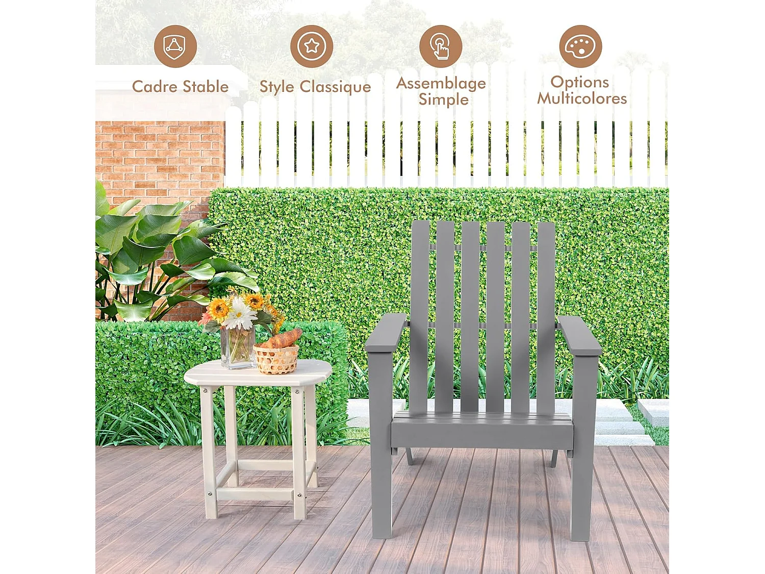 Chaise Adirondack en Bois d'Acacia, Fauteuil Adirondack Classique avec Accoudoir Ergonomique, Convient pour Balcon, Piscine, Cour, Terrasse, Jardin (Gris)