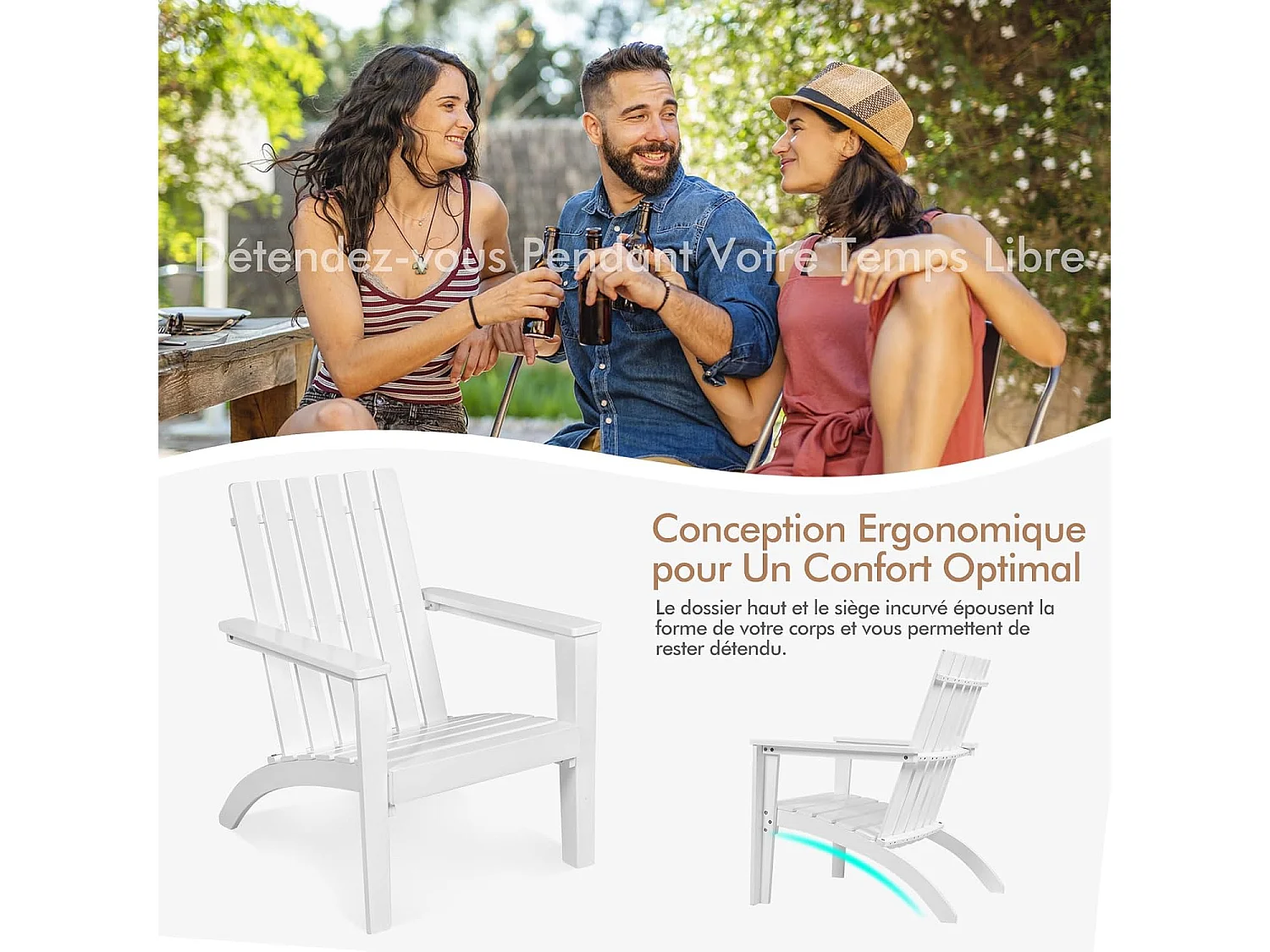 Chaise Adirondack en Bois d'Acacia, Fauteuil Adirondack Classique avec Accoudoir Ergonomique, Convient pour Balcon, Piscine, Cour, Terrasse, Jardin (Blanc)