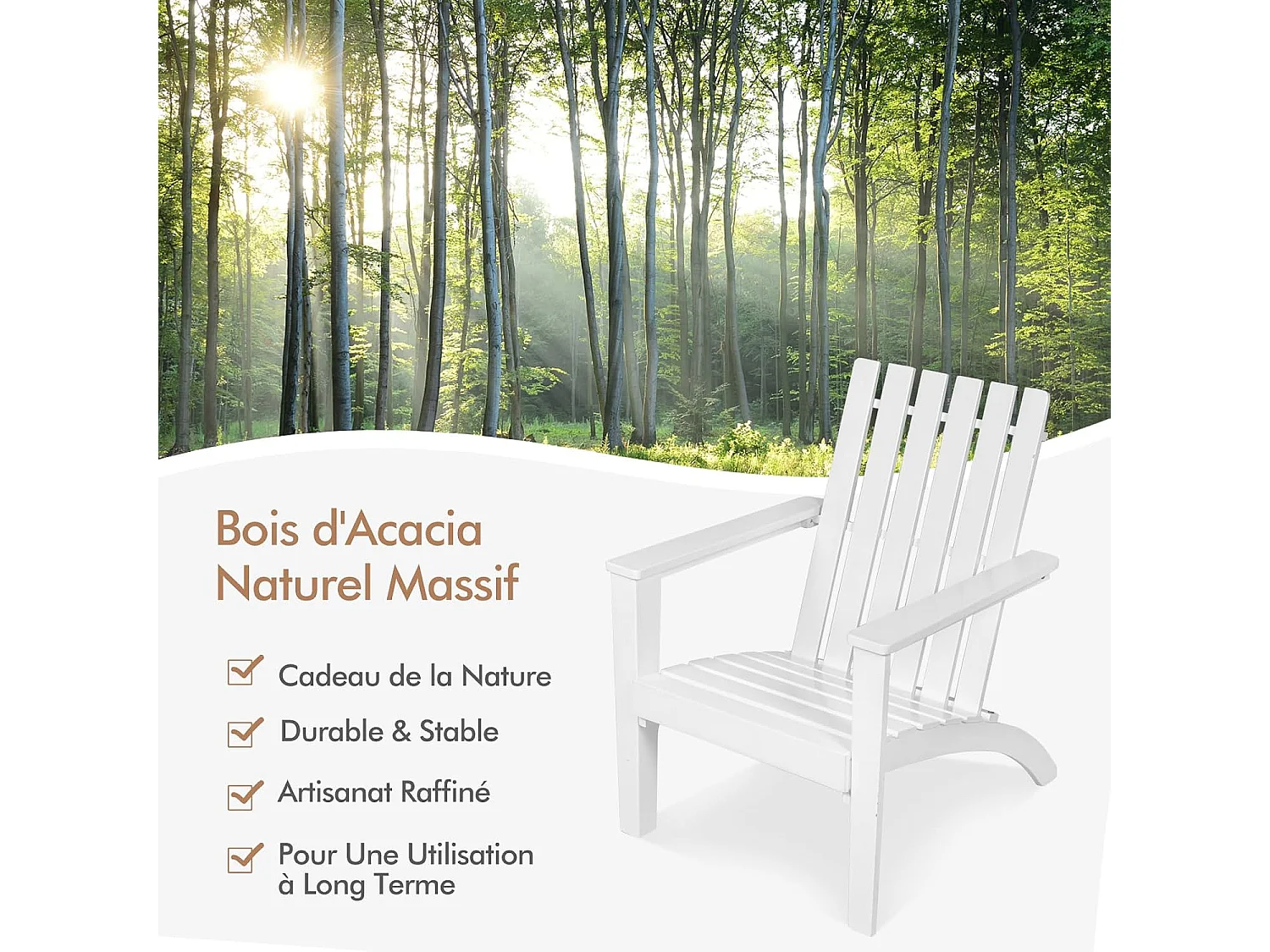 Chaise Adirondack en Bois d'Acacia, Fauteuil Adirondack Classique avec Accoudoir Ergonomique, Convient pour Balcon, Piscine, Cour, Terrasse, Jardin (Blanc)
