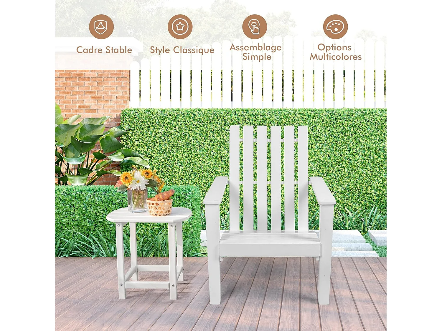 Chaise Adirondack en Bois d'Acacia, Fauteuil Adirondack Classique avec Accoudoir Ergonomique, Convient pour Balcon, Piscine, Cour, Terrasse, Jardin (Blanc)