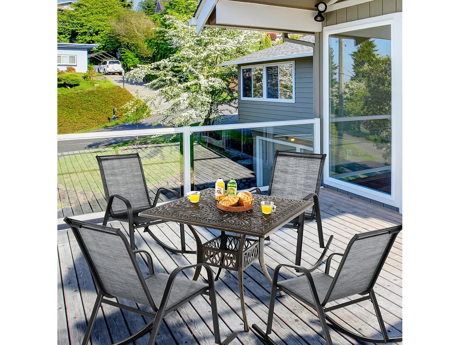 Chaise de Jardin à Bascule Lot de 2, Fauteuil à Bascule avec Accoudoirs, Cadre en Métal, Rocking Chair Ergonomique pour Jardin, Piscine, 91 x 62 x 86 cm (Gris)