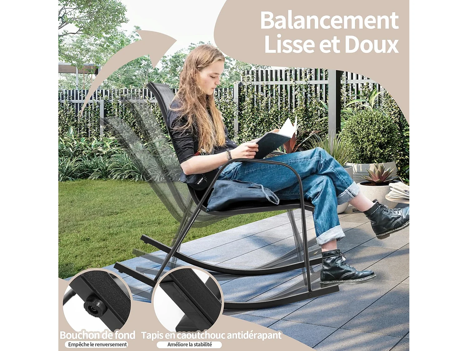 Chaise de Jardin à Bascule Lot de 2, Fauteuil à Bascule avec Accoudoirs, Cadre en Métal, Rocking Chair Ergonomique pour Jardin, Piscine, 91 x 62 x 86 cm (Gris)