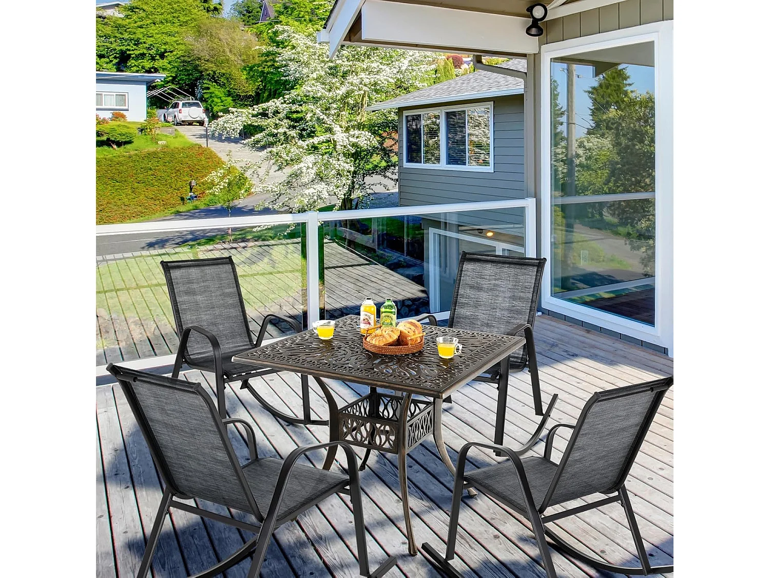 Chaise de Jardin à Bascule Lot de 2, Fauteuil à Bascule avec Accoudoirs, Cadre en Métal, Rocking Chair Ergonomique pour Jardin, Piscine, 91 x 62 x 86 cm (Noir)