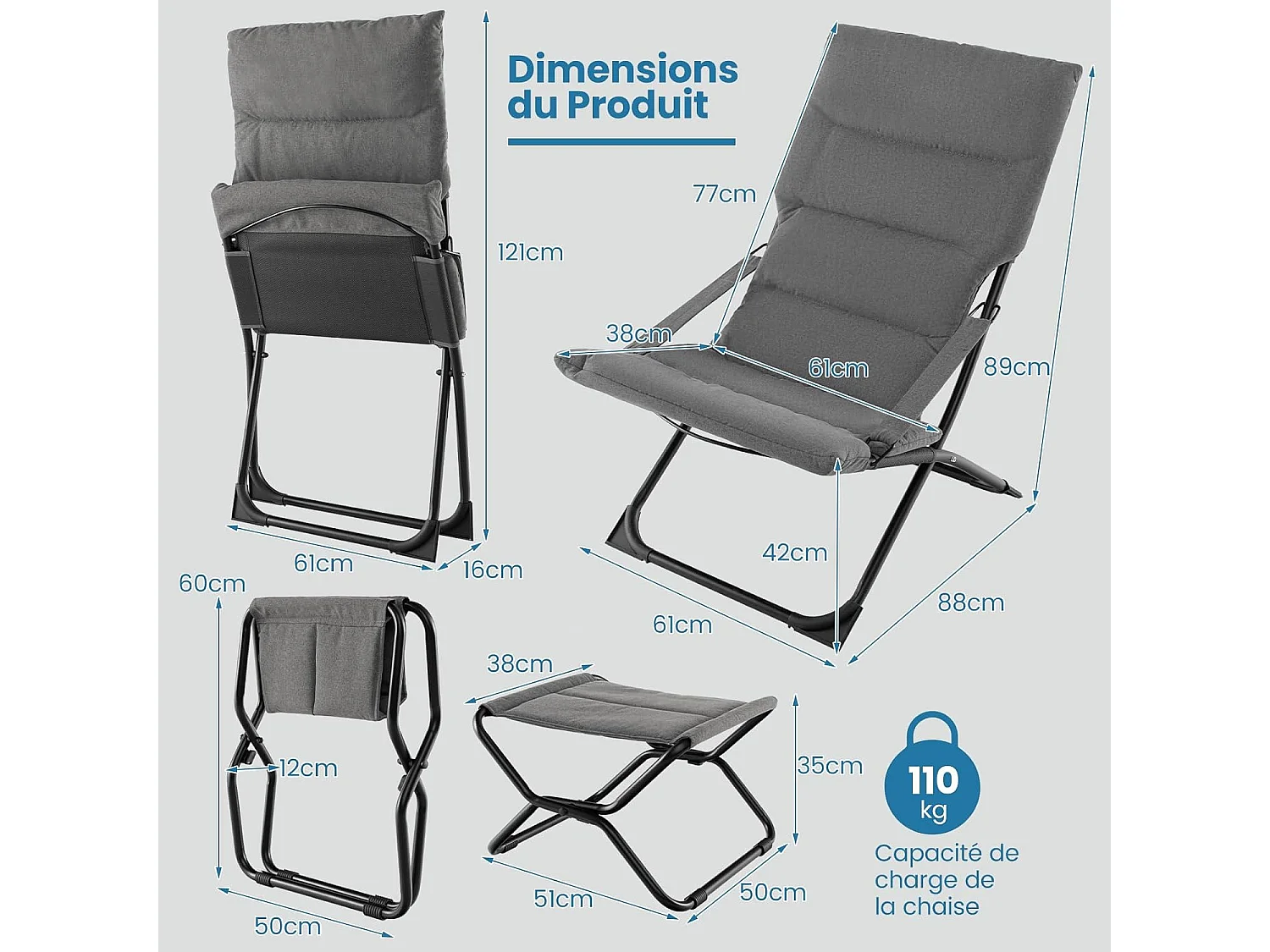 Chaise Pliante 2 en 1, Fauteuil de Jardin Exterieur avec Repose-Pied, Accoudoirs, Coussin Rembouré Amovible, Fauteuil Pliable Intérieur Extérieur, Gris