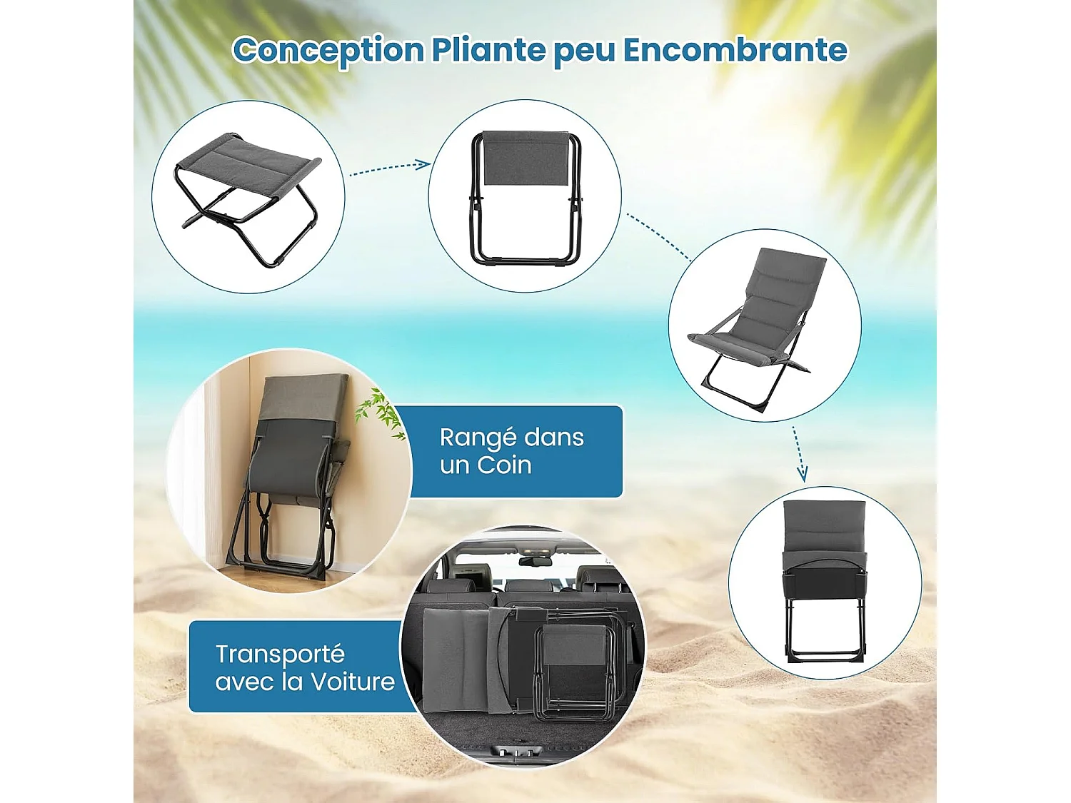 Chaise Pliante 2 en 1, Fauteuil de Jardin Exterieur avec Repose-Pied, Accoudoirs, Coussin Rembouré Amovible, Fauteuil Pliable Intérieur Extérieur, Gris