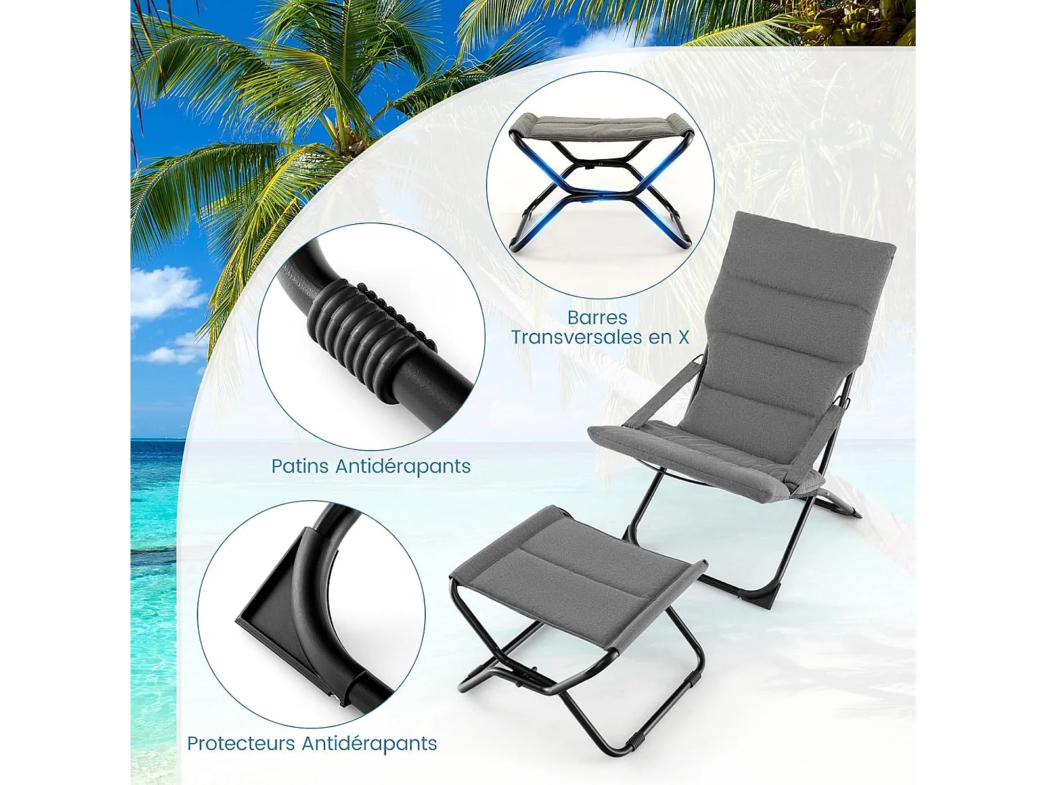 Chaise Pliante 2 en 1, Fauteuil de Jardin Exterieur avec Repose-Pied, Accoudoirs, Coussin Rembouré Amovible, Fauteuil Pliable Intérieur Extérieur, Gris