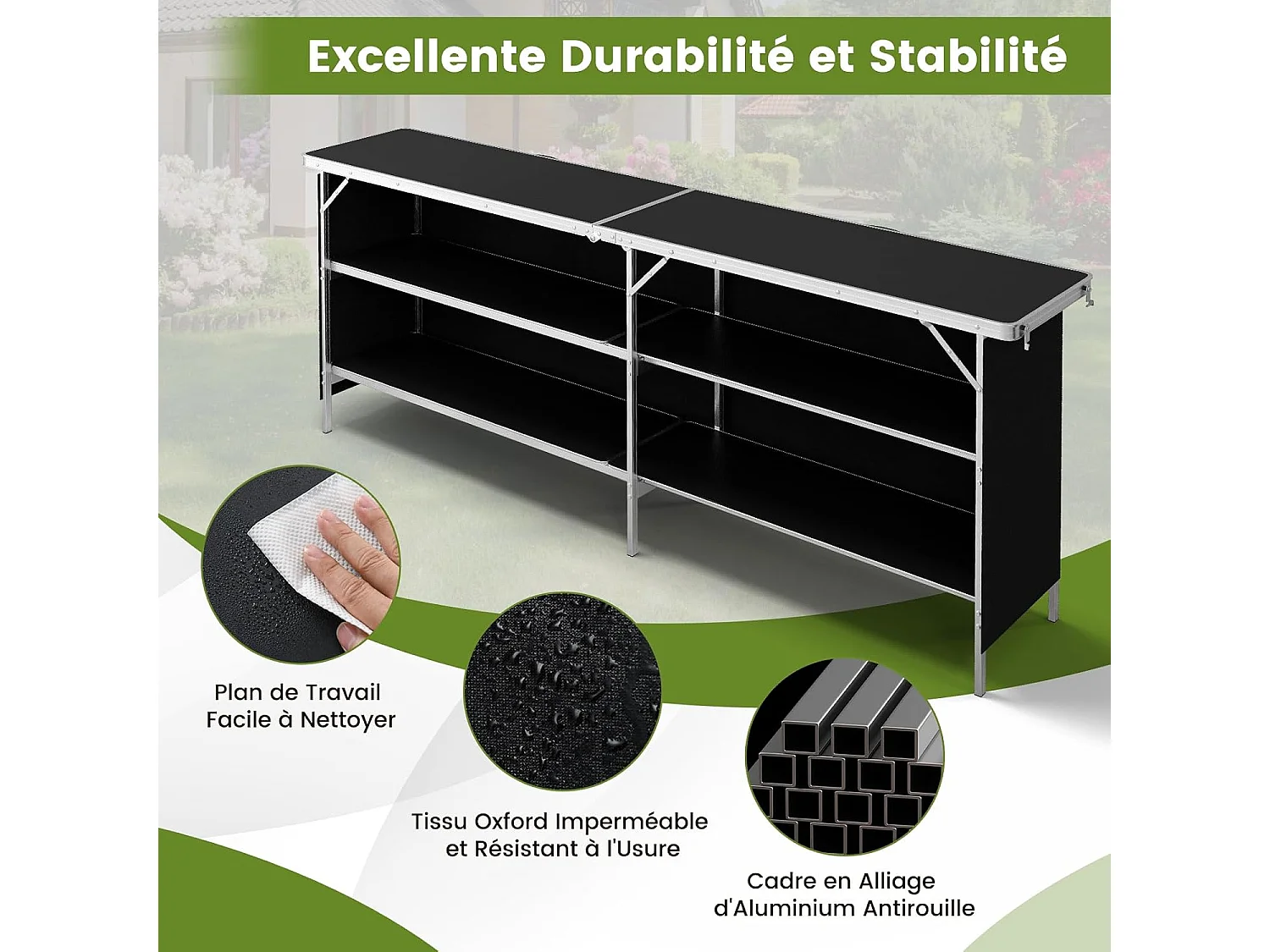 Table de Camping Pliante à 2 Niveaux Table de Pique-Nique en Aluminium avec Plateau Sac de Transport Charge Total 120KG 206x38x83cm Noir