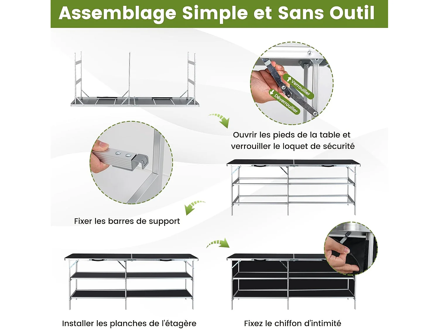 Table de Camping Pliante à 2 Niveaux Table de Pique-Nique en Aluminium avec Plateau Sac de Transport Charge Total 120KG 206x38x83cm Noir