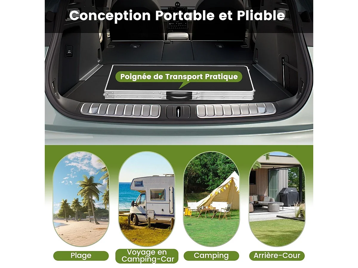 Table de Camping Pliante à 2 Niveaux Table de Pique-Nique en Aluminium avec Plateau Sac de Transport Charge Total 120KG 206x38x83cm Noir