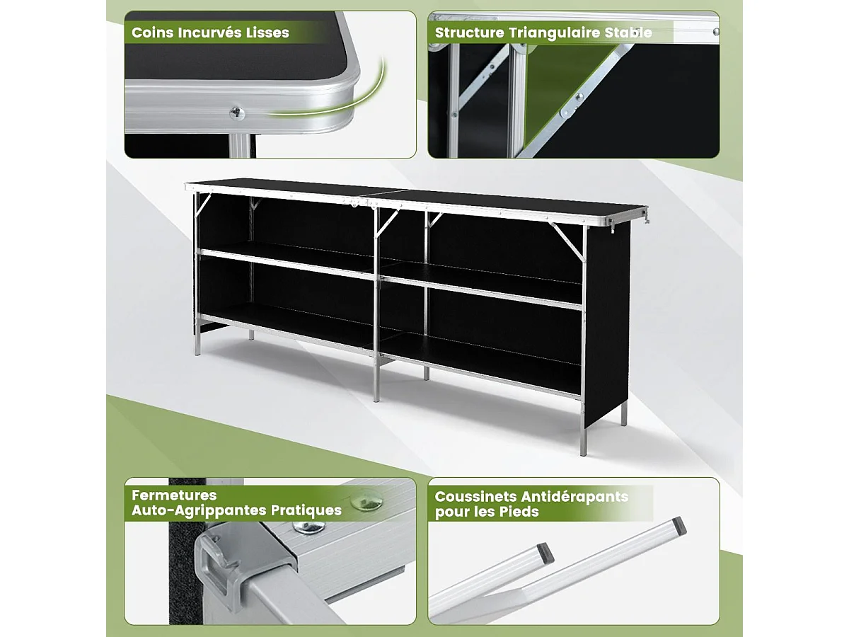Table de Camping Pliante à 2 Niveaux Table de Pique-Nique en Aluminium avec Plateau Sac de Transport Charge Total 120KG 206x38x83cm Noir
