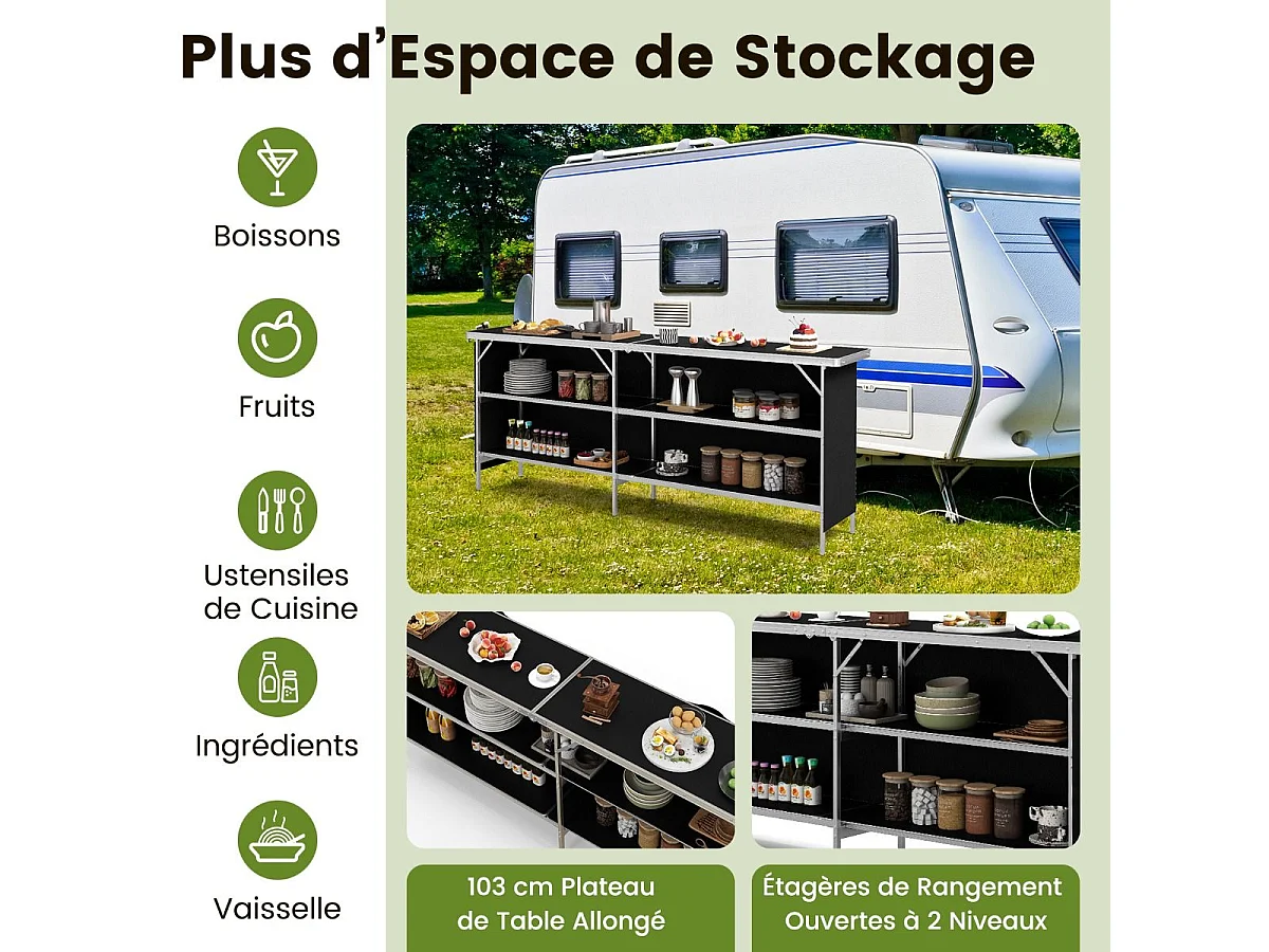 Table de Camping Pliante à 2 Niveaux Table de Pique-Nique en Aluminium avec Plateau Sac de Transport Charge Total 120KG 206x38x83cm Noir