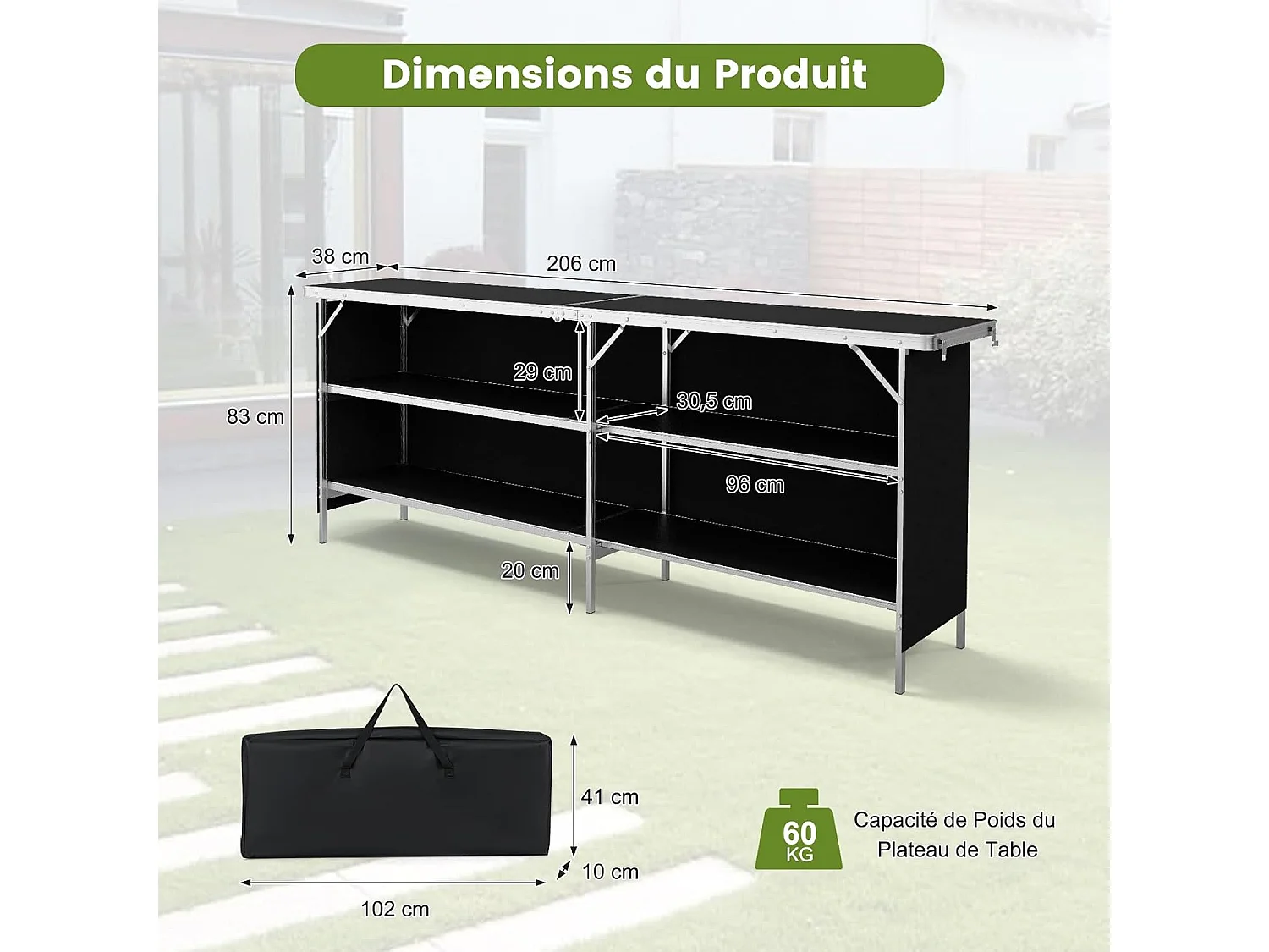 Table de Camping Pliante à 2 Niveaux Table de Pique-Nique en Aluminium avec Plateau Sac de Transport Charge Total 120KG 206x38x83cm Noir
