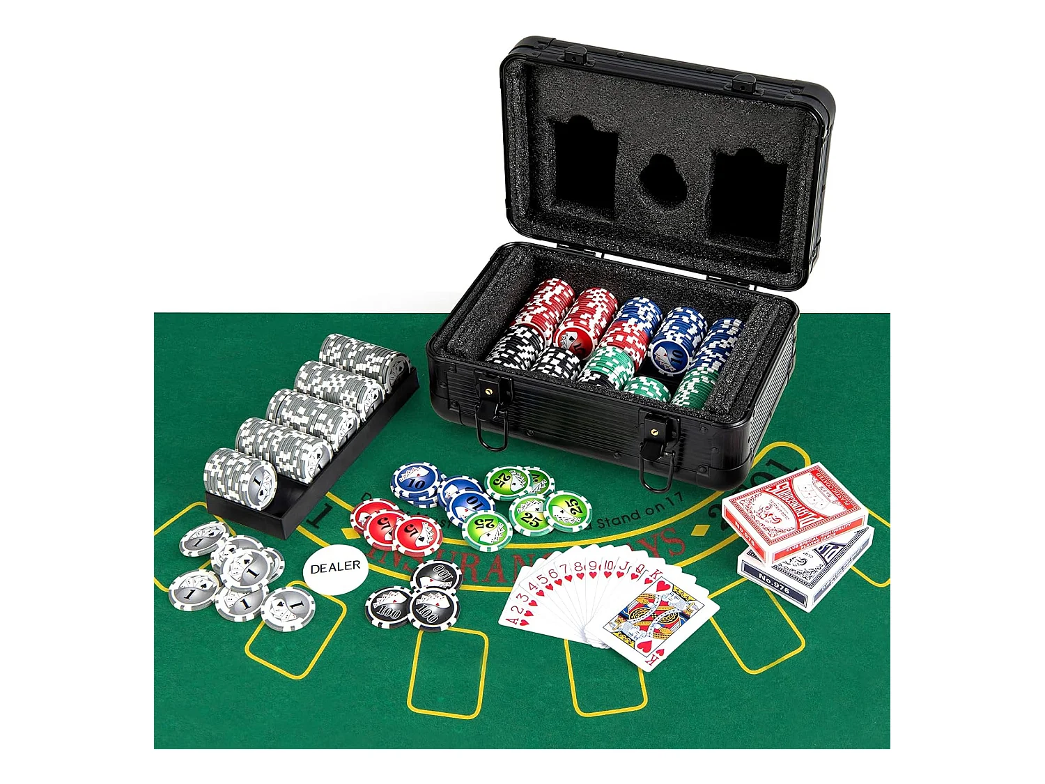 Mallette de Poker en Aluminium avec 300 Jetons & 2 Jeux de Cartes, Coffret de Poker Verrouillable avec 1 Dealer & Tapis en Feutre & 2 Clés pour Casino Fête Voyage