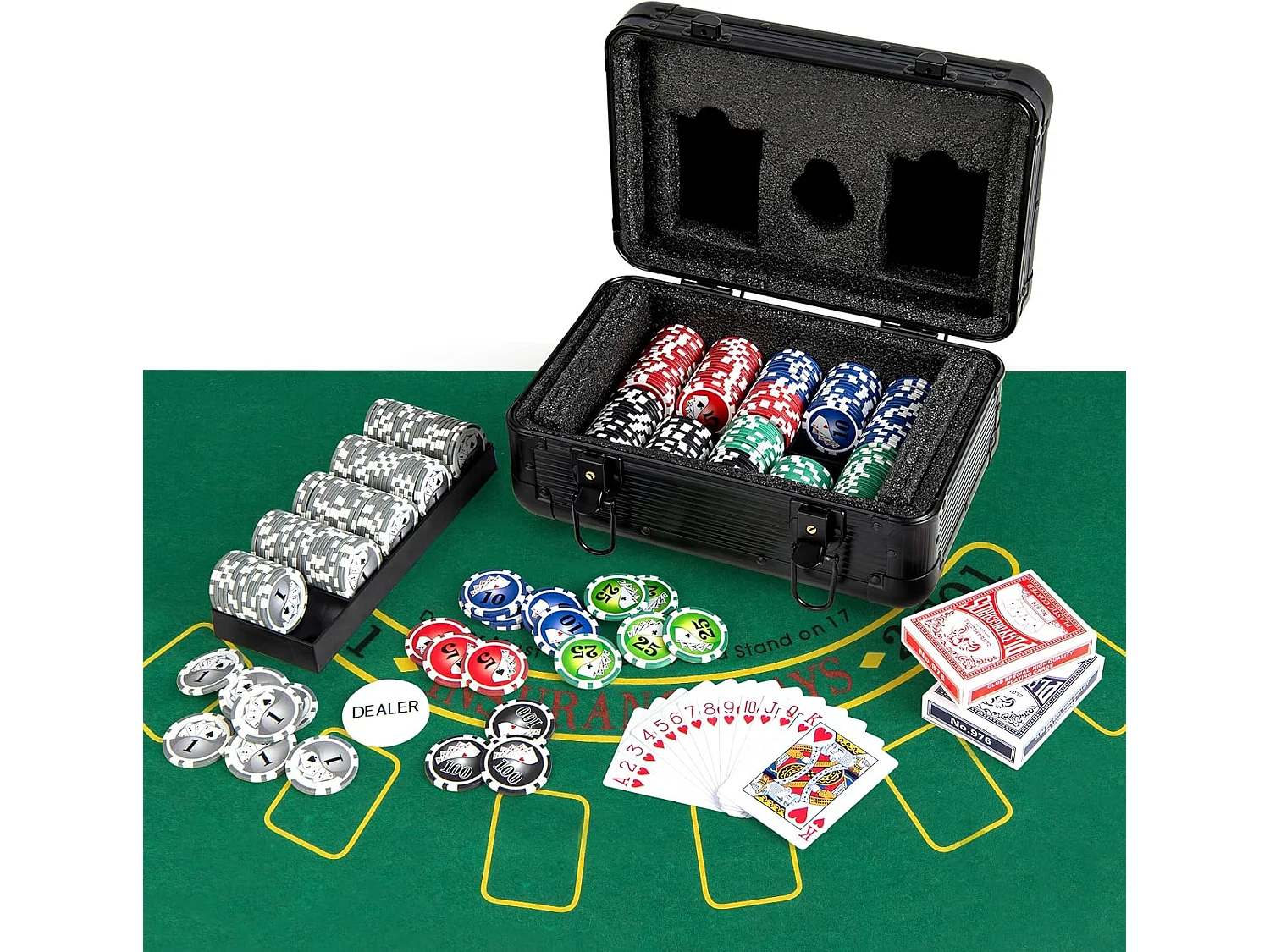 Mallette de Poker en Aluminium avec 300 Jetons & 2 Jeux de Cartes, Coffret de Poker Verrouillable avec 1 Dealer & Tapis en Feutre & 2 Clés pour Casino Fête Voyage
