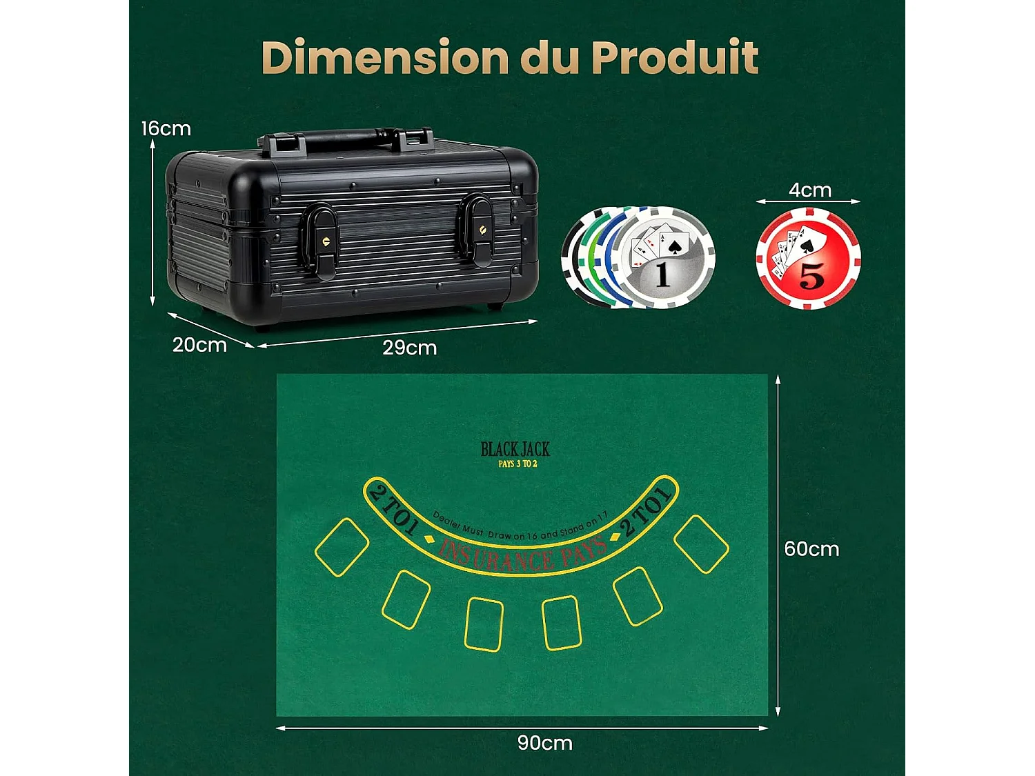 Mallette de Poker en Aluminium avec 300 Jetons & 2 Jeux de Cartes, Coffret de Poker Verrouillable avec 1 Dealer & Tapis en Feutre & 2 Clés pour Casino Fête Voyage