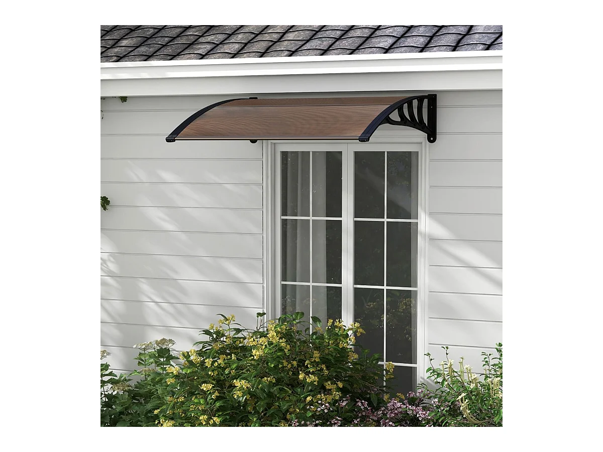Auvent Porte d'Entree de 122 x 99 cm Protection Solaire, Marquise de Porte et Fenêtre Extérieur Plaque en Polycarbonate Protection Contre Pluie Neige Vent (Brun)