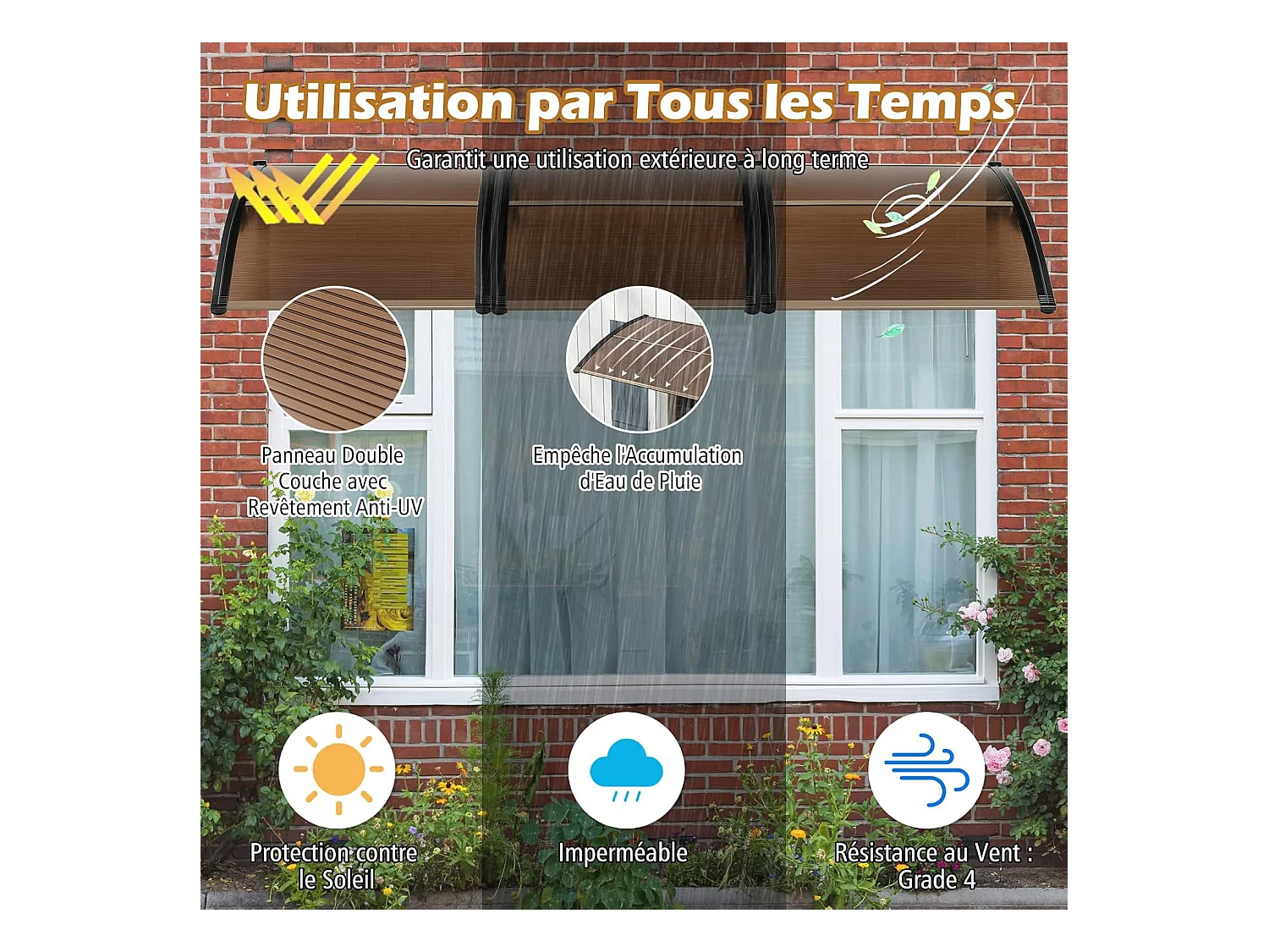 Auvent Porte d'Entree de 122 x 99 cm Protection Solaire, Marquise de Porte et Fenêtre Extérieur Plaque en Polycarbonate Protection Contre Pluie Neige Vent (Brun)