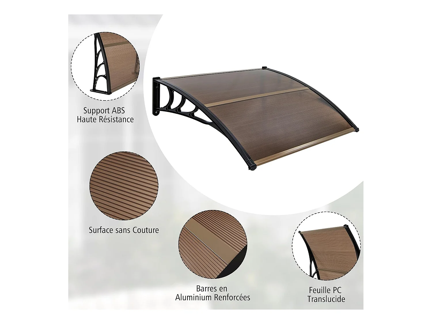 Auvent Porte d'Entree de 122 x 99 cm Protection Solaire, Marquise de Porte et Fenêtre Extérieur Plaque en Polycarbonate Protection Contre Pluie Neige Vent (Brun)