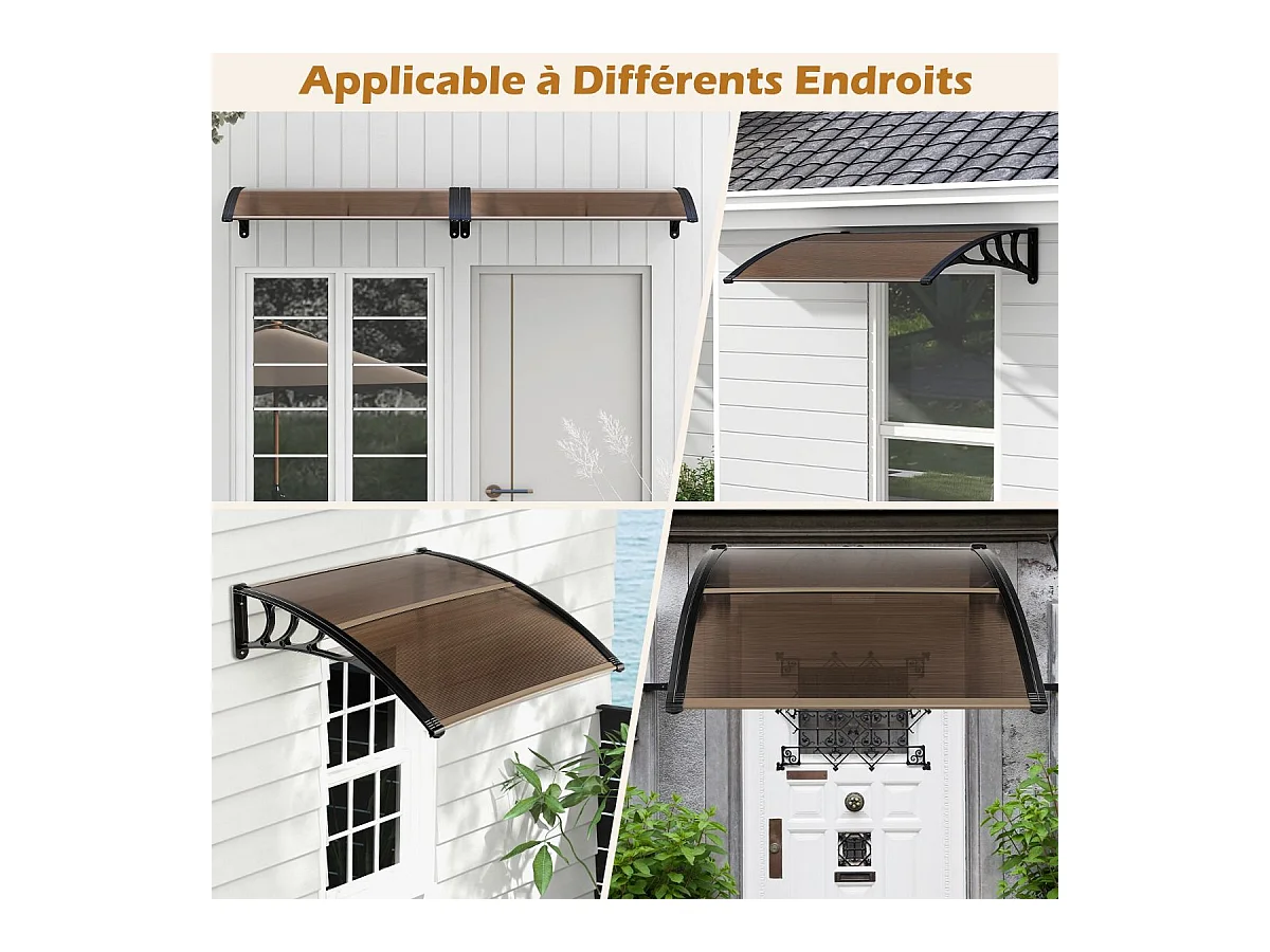 Auvent Porte d'Entree de 122 x 99 cm Protection Solaire, Marquise de Porte et Fenêtre Extérieur Plaque en Polycarbonate Protection Contre Pluie Neige Vent (Brun)