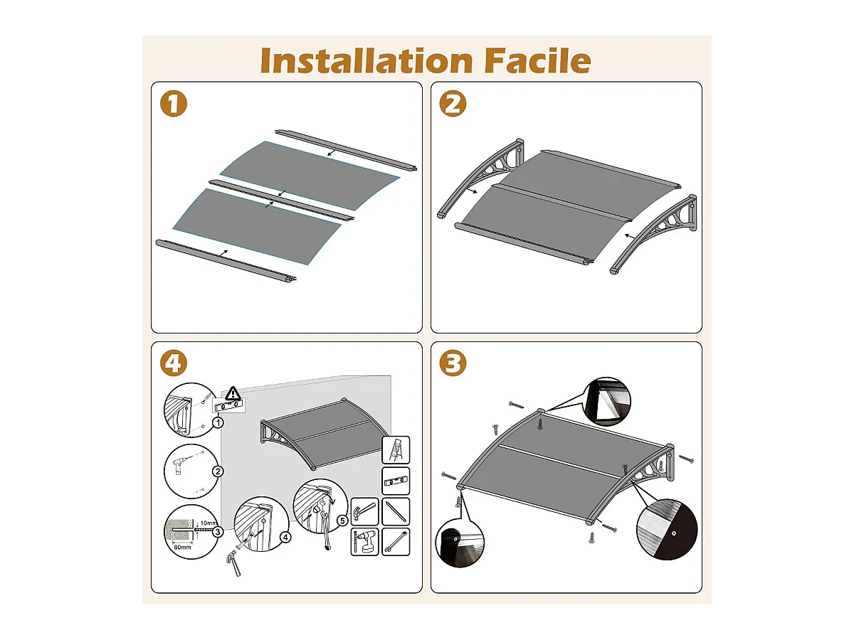 Auvent Porte d'Entree de 122 x 99 cm Protection Solaire, Marquise de Porte et Fenêtre Extérieur Plaque en Polycarbonate Protection Contre Pluie Neige Vent (Brun)