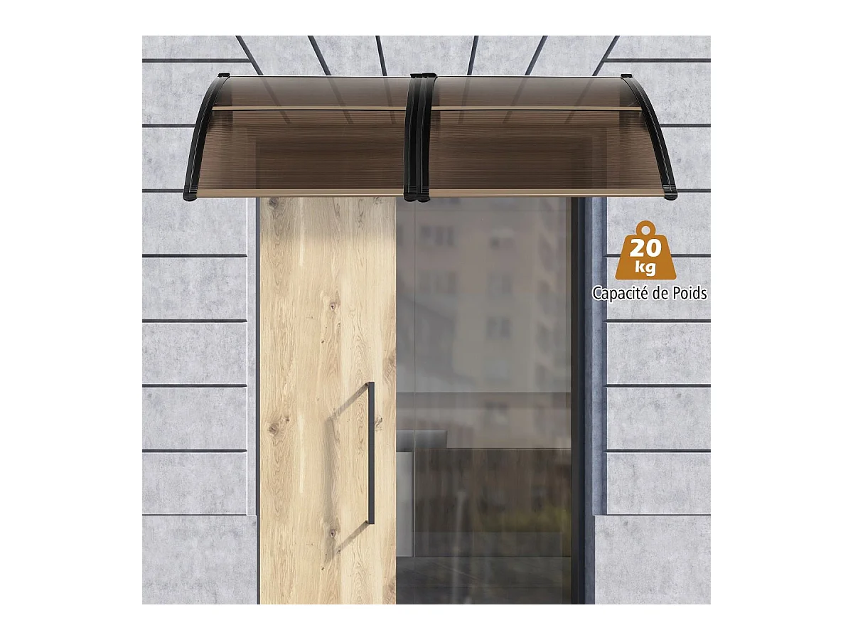 Auvent Porte d'Entree de 122 x 99 cm Protection Solaire, Marquise de Porte et Fenêtre Extérieur Plaque en Polycarbonate Protection Contre Pluie Neige Vent (Brun)