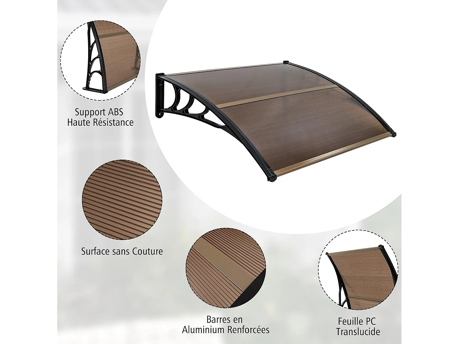 Luifel voor voordeur, overkapping van aluminium en polycarbonaat, transparante boogluifel, deurluifel, afdak voor huisdeur, deurluifel voor entree, 122 x 99 cm