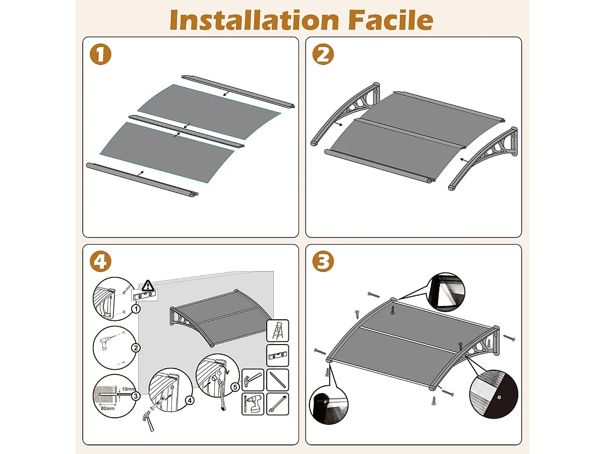 Luifel voor voordeur, overkapping van aluminium en polycarbonaat, transparante boogluifel, deurluifel, afdak voor huisdeur, deurluifel voor entree, 122 x 99 cm