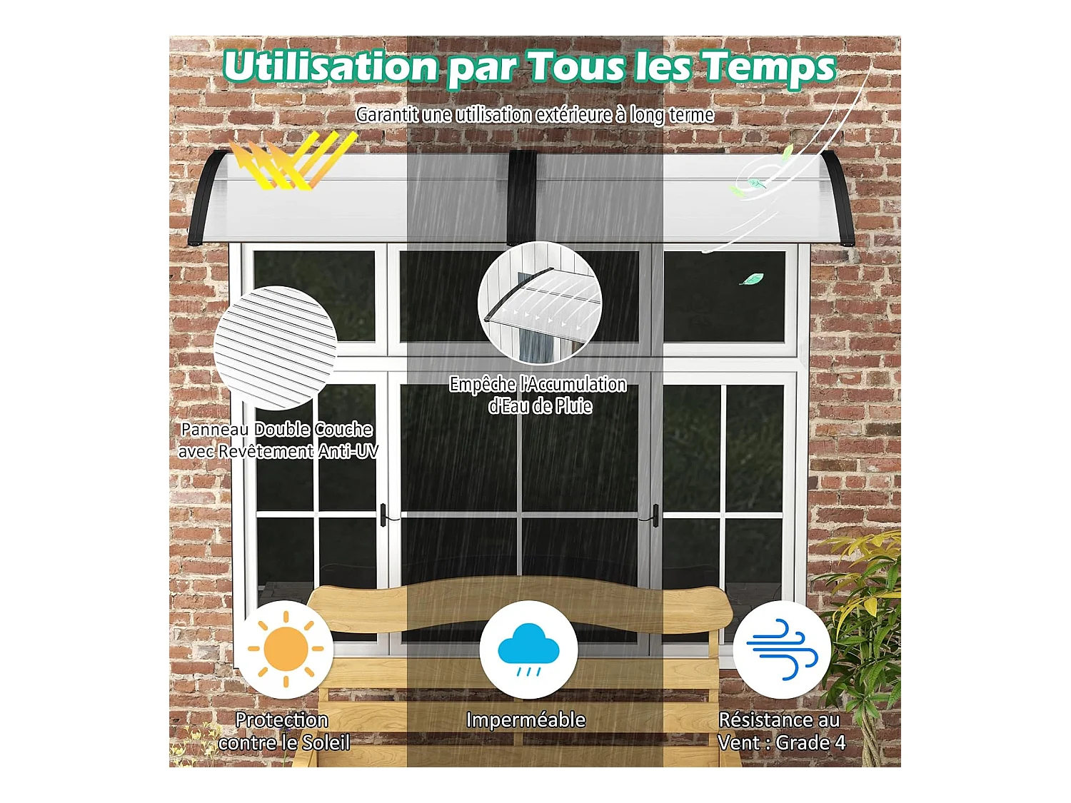 Auvent Porte d'Entree de 122 x 99 cm Protection Solaire, Marquise de Porte et Fenêtre Extérieur Plaque en Polycarbonate Protection Contre Pluie Neige Vent (Noir)