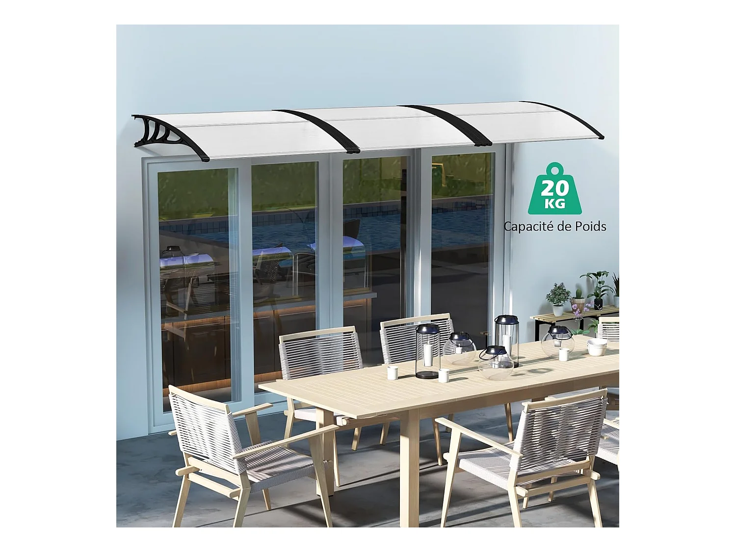 Auvent Porte d'Entree de 122 x 99 cm Protection Solaire, Marquise de Porte et Fenêtre Extérieur Plaque en Polycarbonate Protection Contre Pluie Neige Vent (Noir)